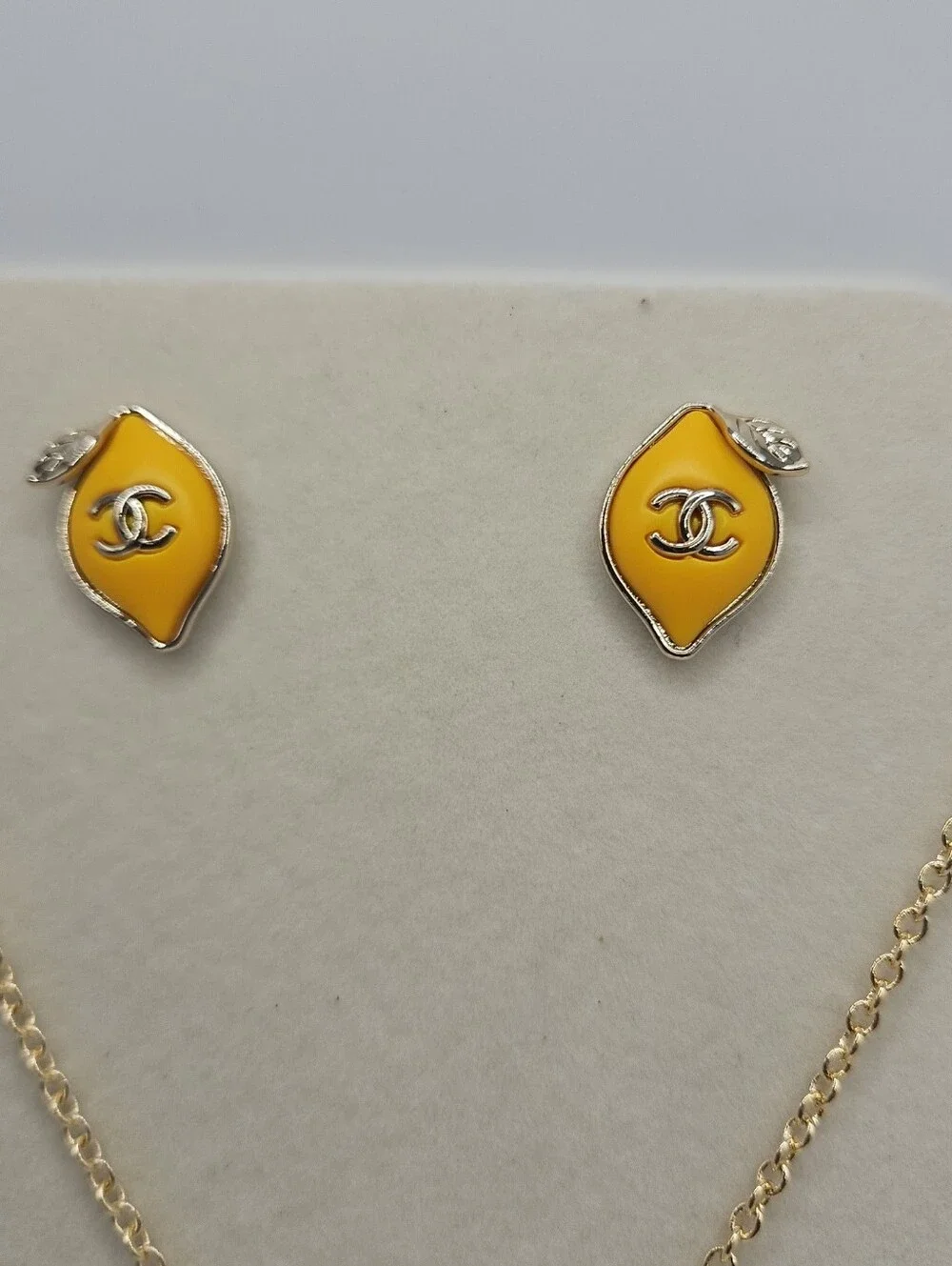 CHANEL Gold-Tone Necklace & Lemon Motif Studs in Bright Yellow